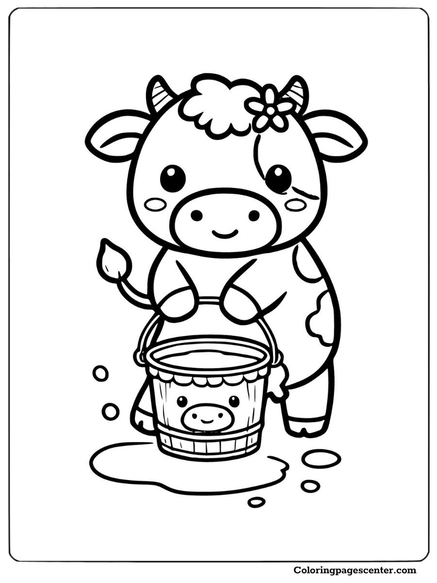 A cow holding a milk bucket, perfect coloring page for kids