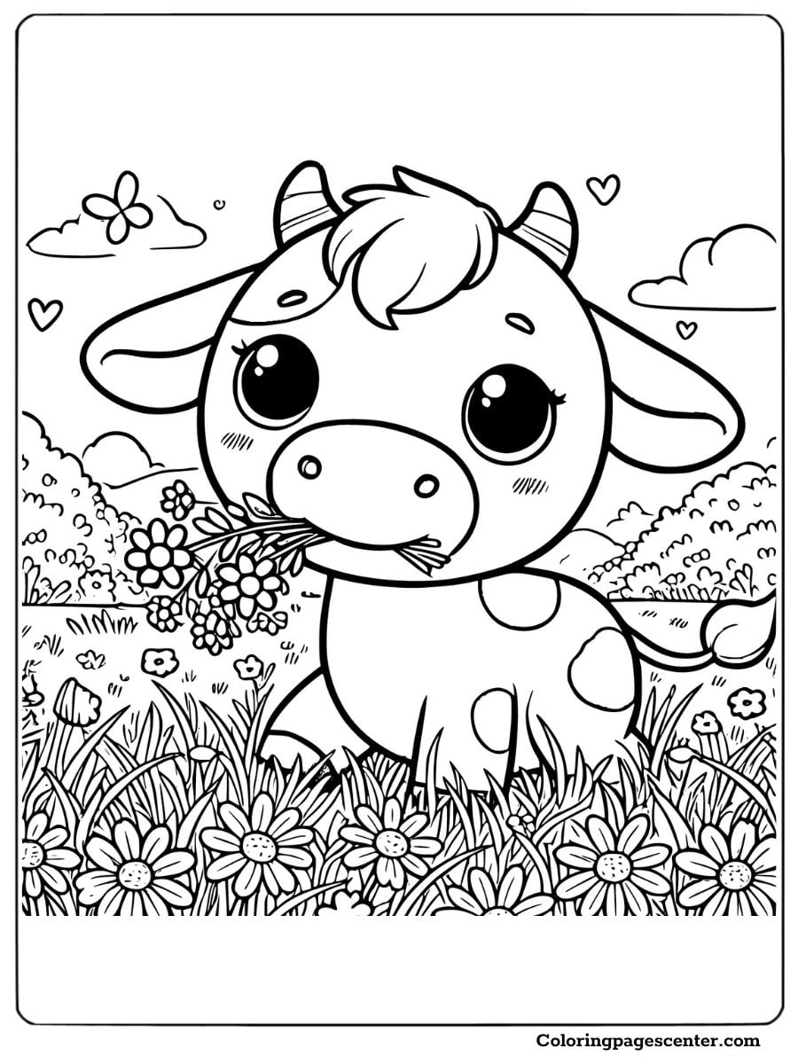 Smiling cow with flowers in a field, fun coloring page for kids