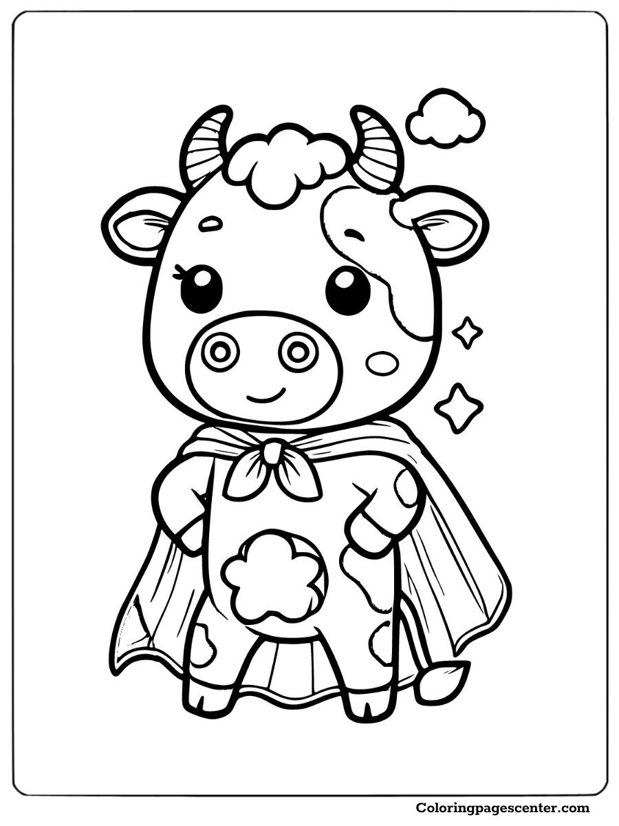 Cow wearing a superhero cape, empowering coloring page for kids