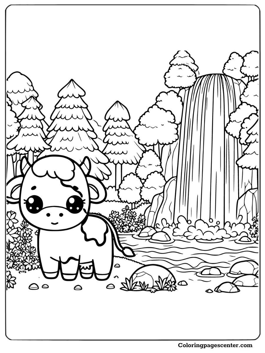 A smiling cow near a waterfall relaxing coloring sheet