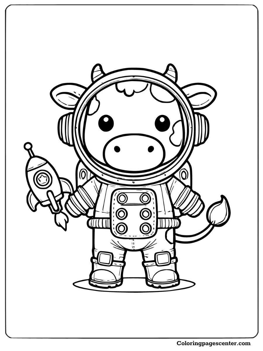 A cow dressed as an astronaut holding a rocket coloring page