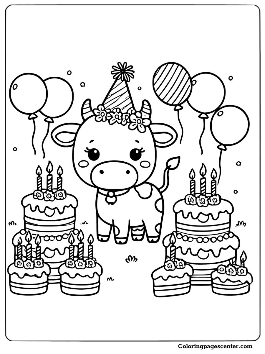 Party cow with cakes and balloons Coloring Page