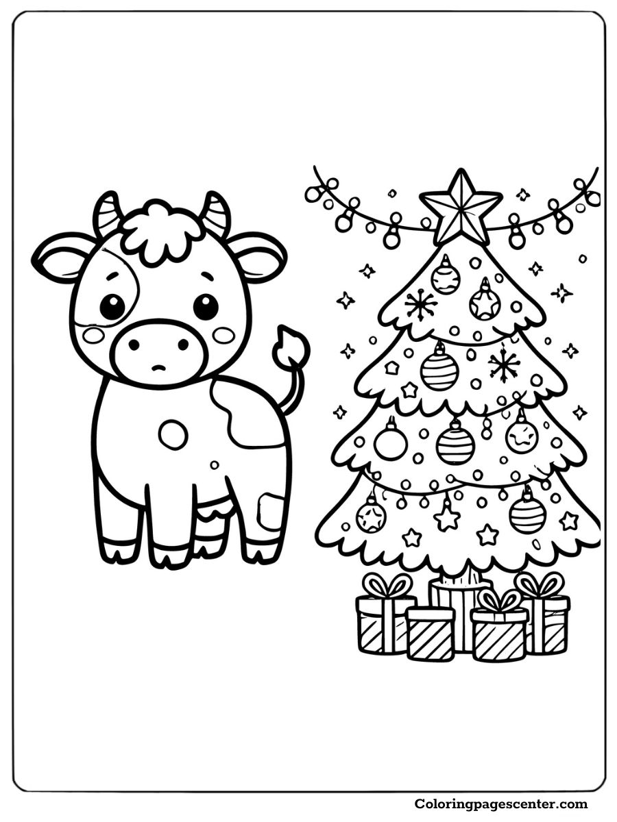 Christmas cow next to a decorated tree Coloring Page