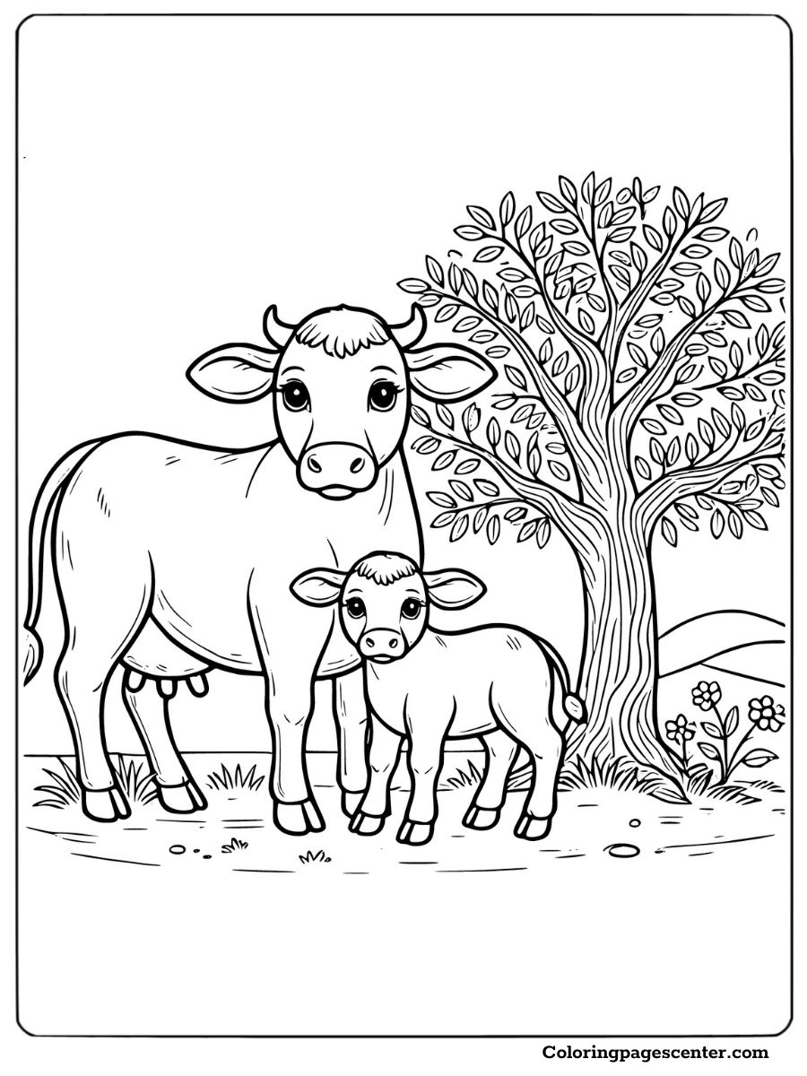 A mother cow and calf in a meadow cute coloring sheet