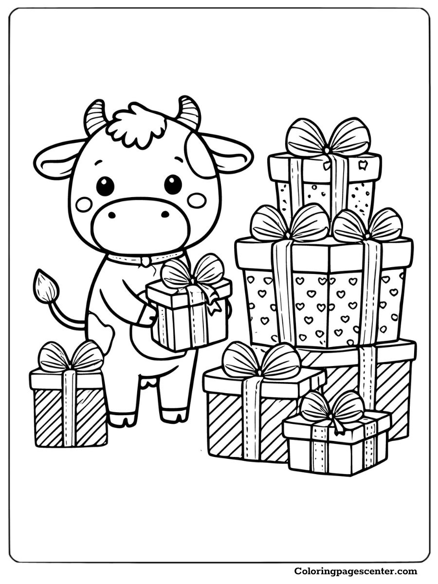 Cow carrying a present surrounded by gifts Coloring Page