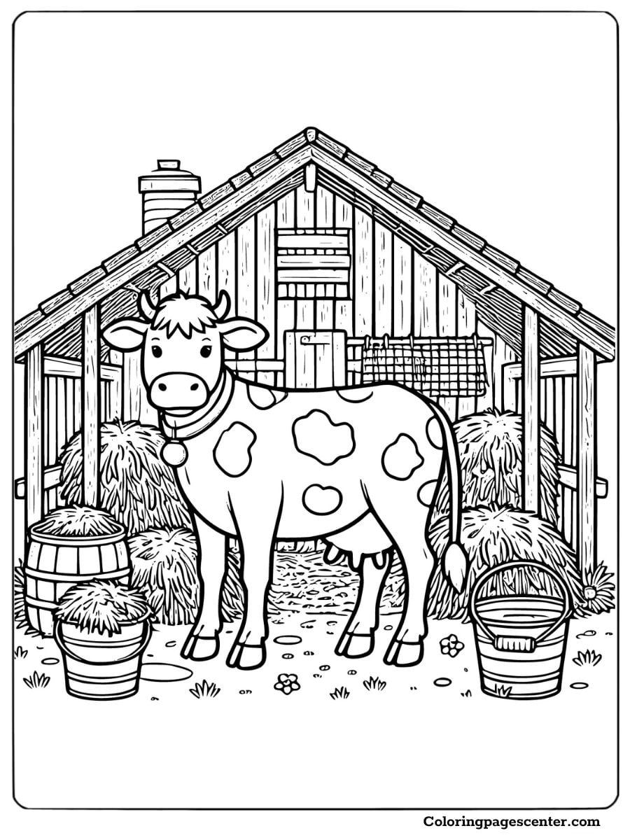 Cow standing in a barn surrounded by hay coloring page