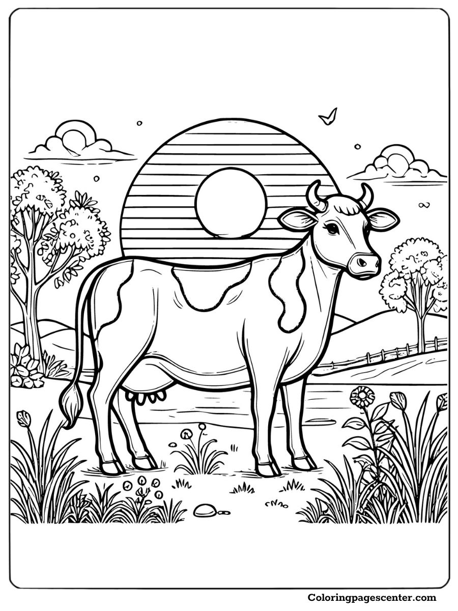 Cow standing in a field at sunset coloring page