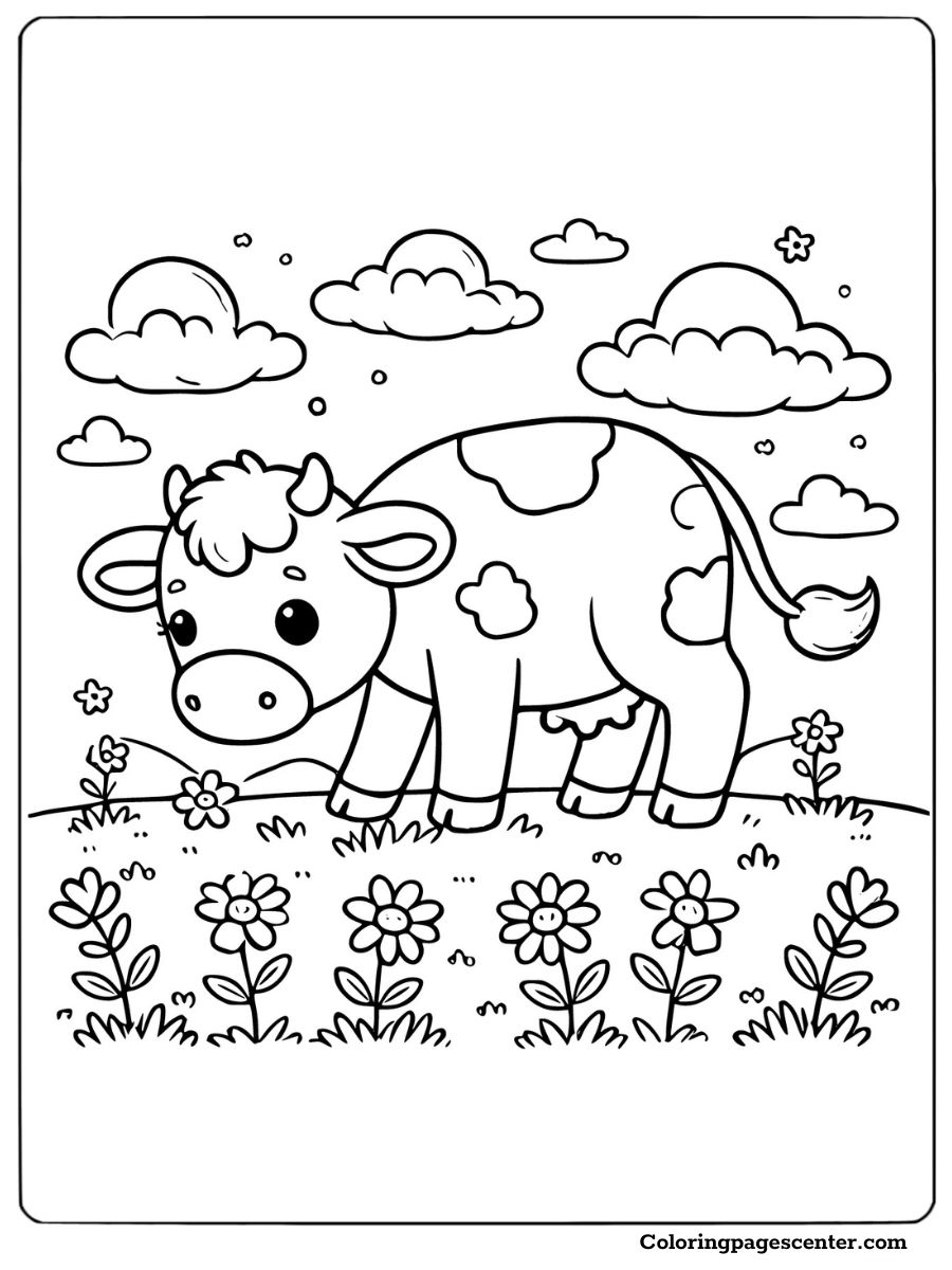 Cow grazing in a flower-filled meadow Coloring Page