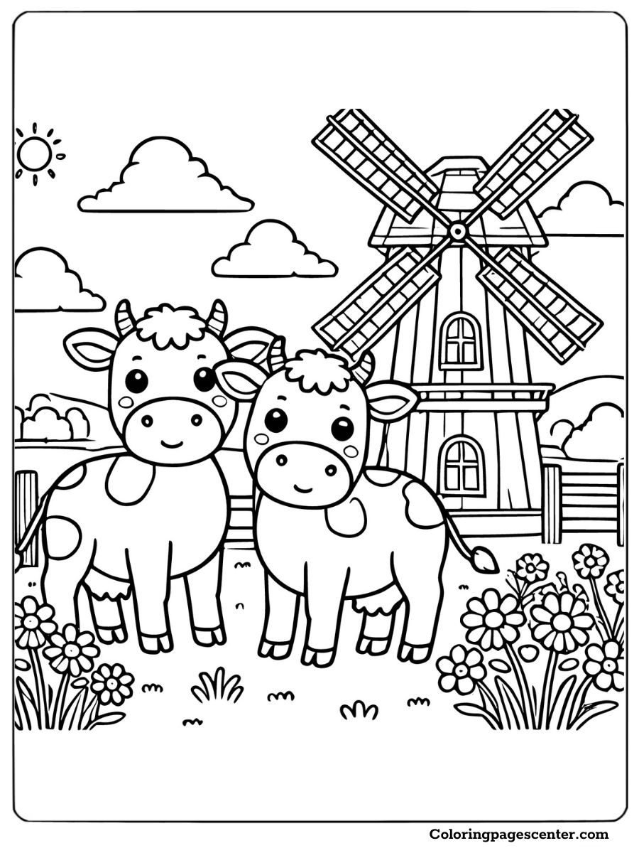 Pair of cows with a windmill in the background Coloring Page