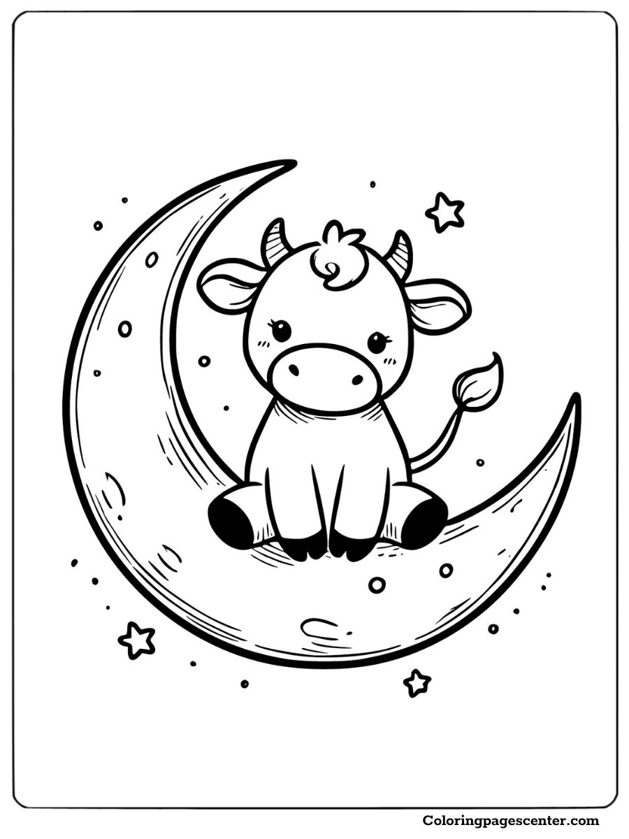 Cow sitting on a moon among stars coloring page