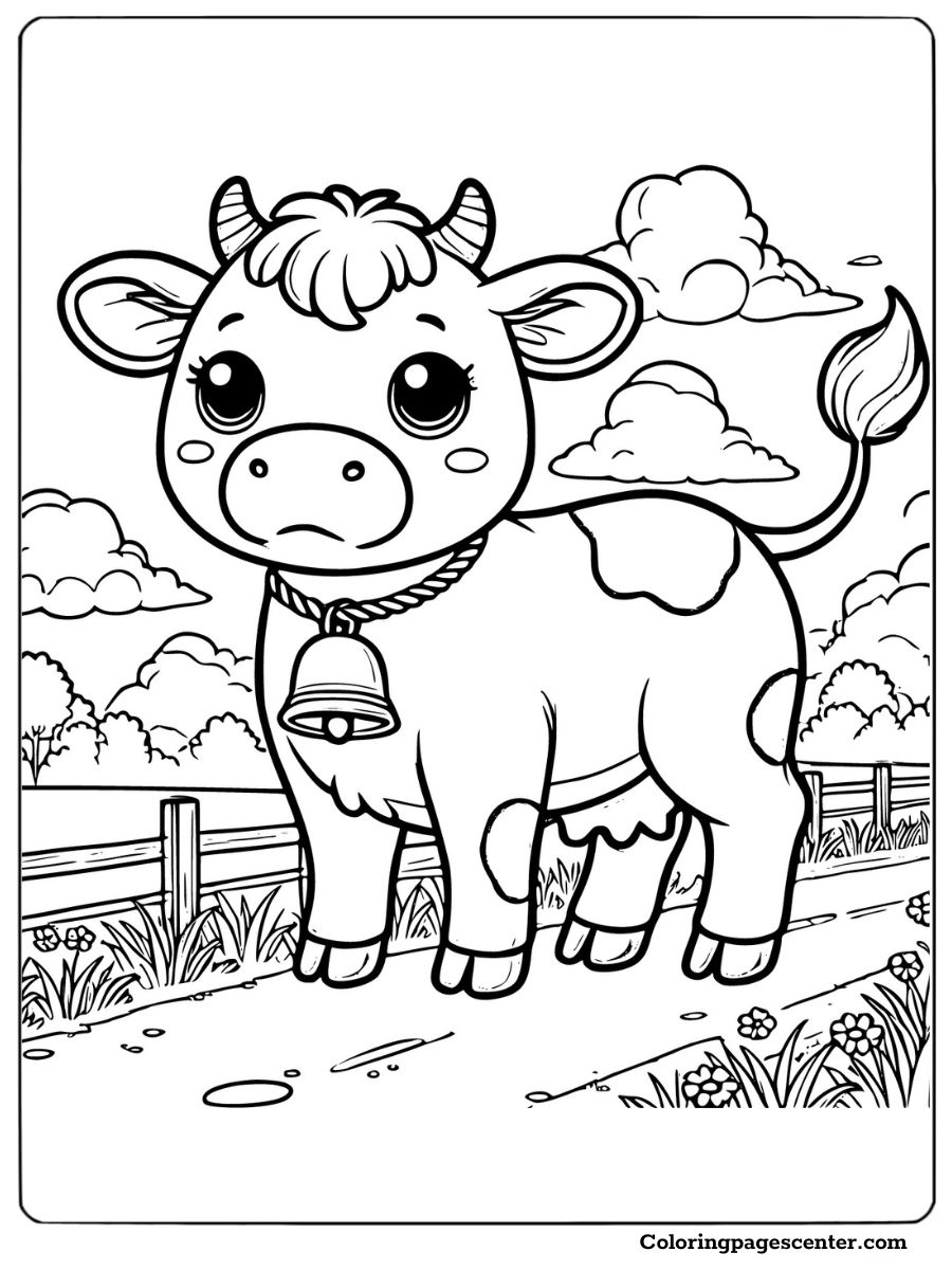 Cow with bell and flowers on a farm coloring page