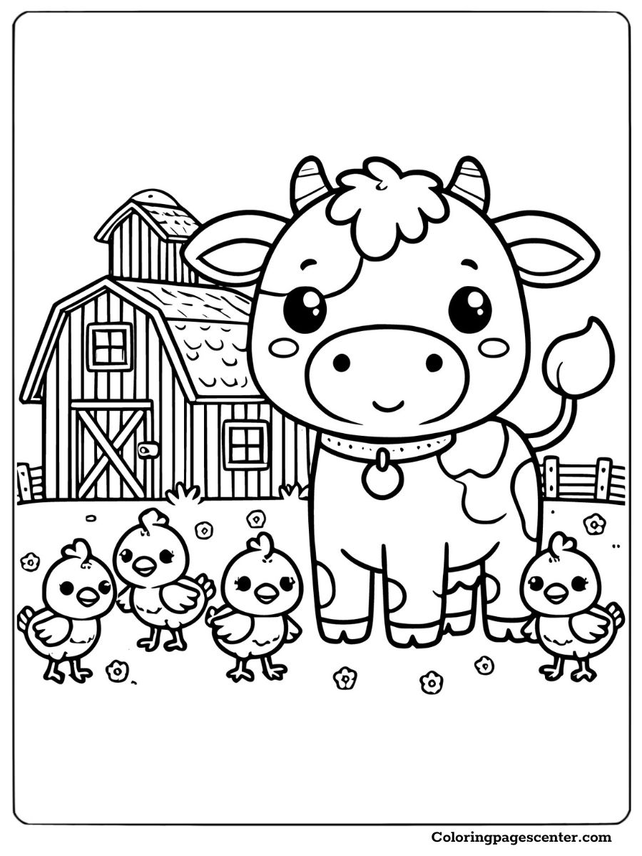 Cow with chicks in front of a barn coloring page