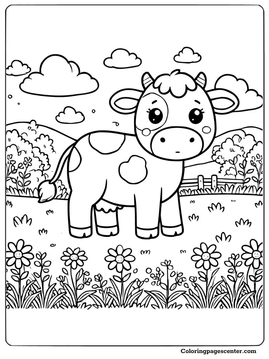 Cow with clouds and flowers in a peaceful field Coloring Page