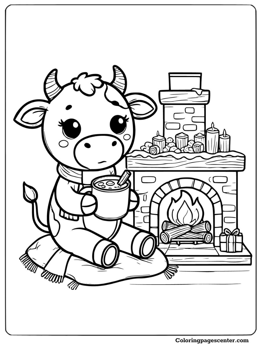 A cow enjoying hot cocoa by the fireplace cozy coloring page