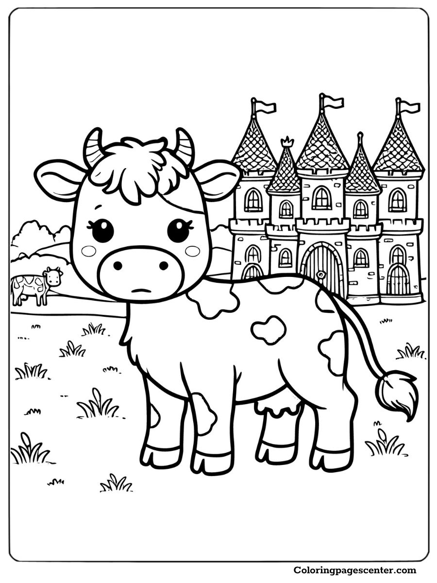 A cute cow standing in front of a castle coloring picture