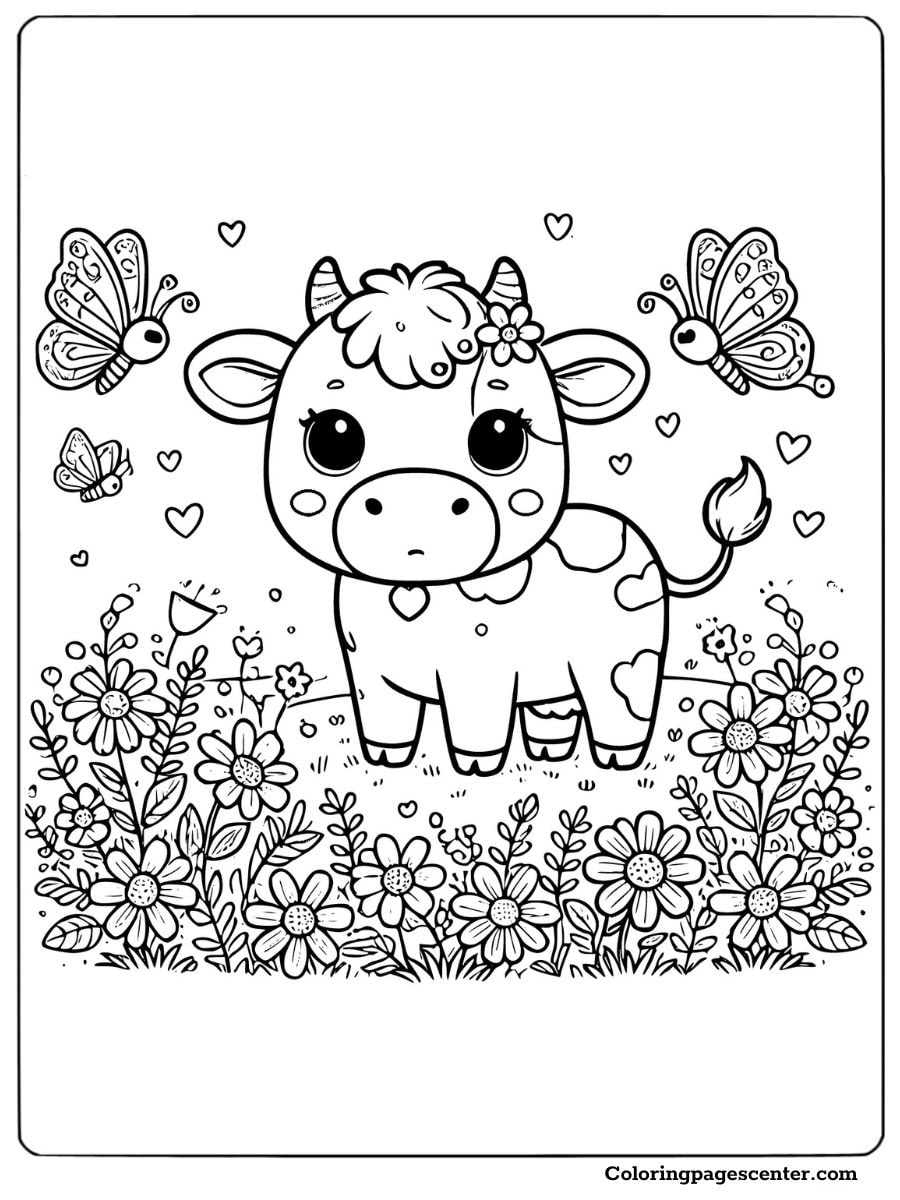 Adorable cow surrounded by butterflies and flowers Coloring Page