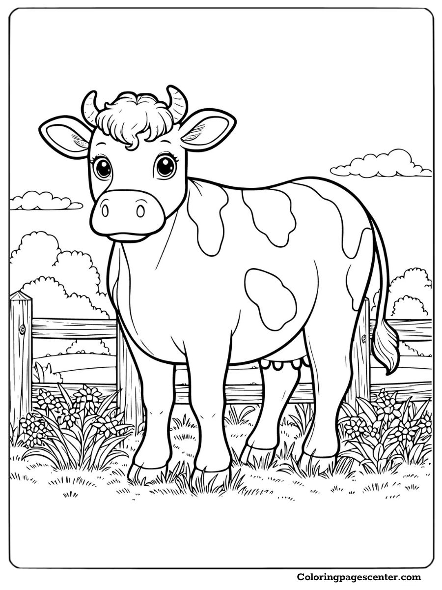 Cow with a bell in the farm field coloring page