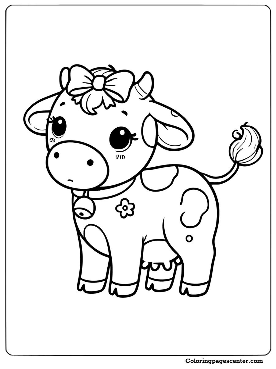 Cow with bow and flower details coloring page