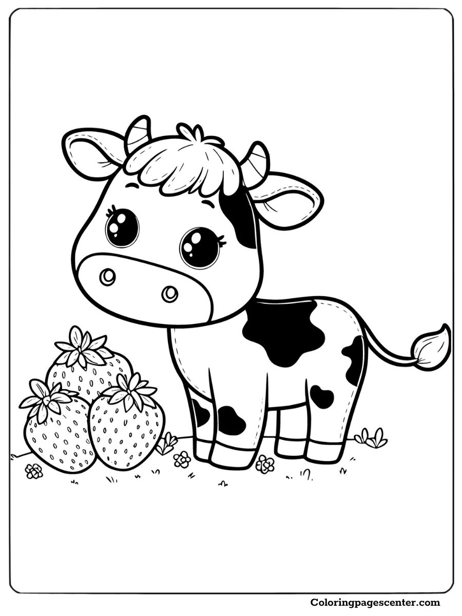 Cute cow with strawberries coloring page