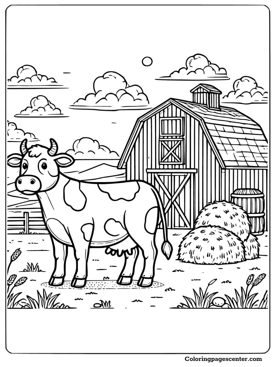 A farm cow standing near a barn and haystacks coloring page