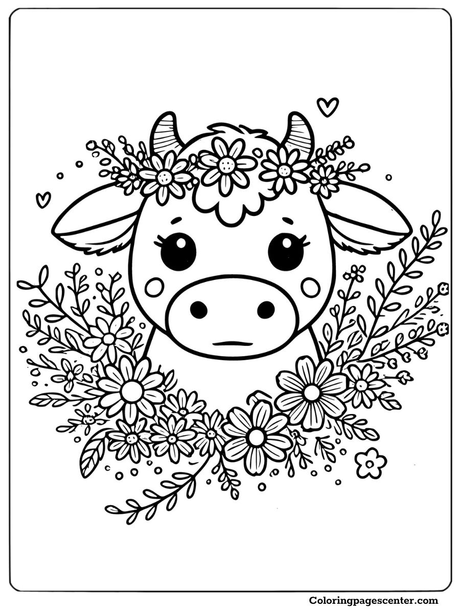 A cow with a flower crown surrounded by flowers coloring page