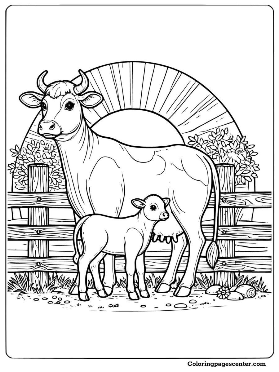 A mother cow and calf with the sunrise peaceful coloring picture