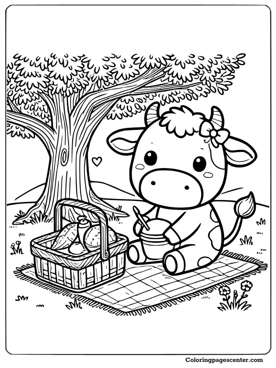 A cow having a picnic under a tree fun coloring sheet