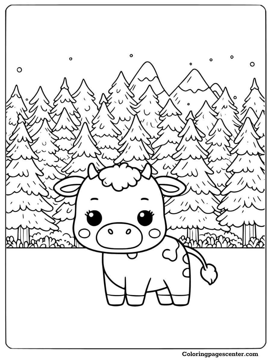 Cute cow standing in a snowy forest Coloring Page