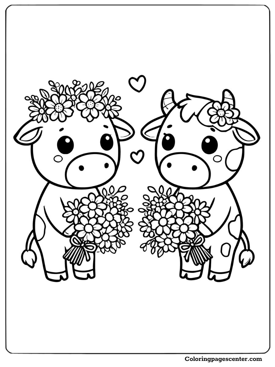 Two cows holding flowers in a cute pose coloring page