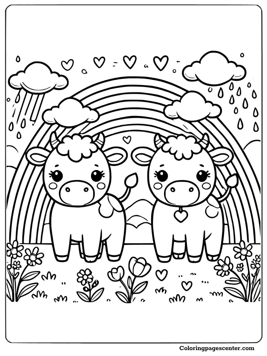 Two cows with a rainbow and flowers cheerful coloring picture