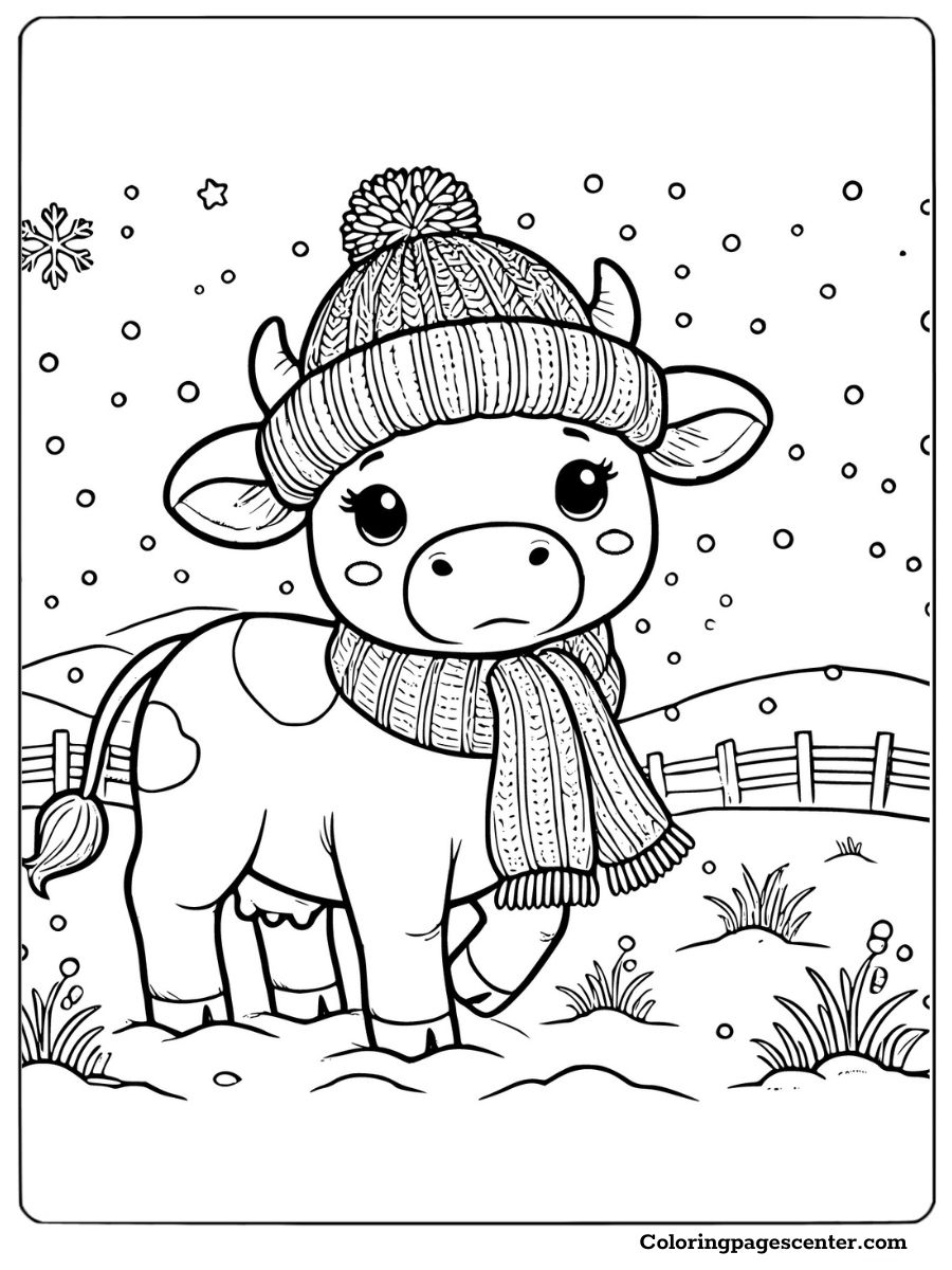 Cow wearing a winter hat and scarf in snow Coloring Page