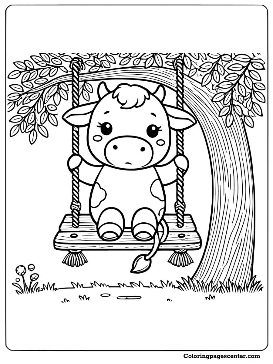 Sweet cow sitting on a swing under a tree coloring picture