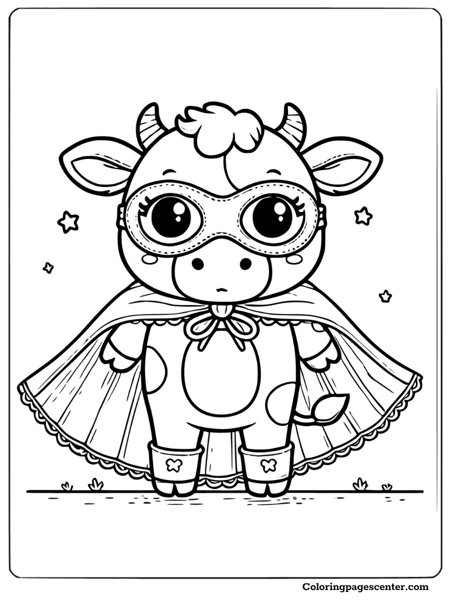 Heroic cow in a cape and mask ready for adventures coloring picture