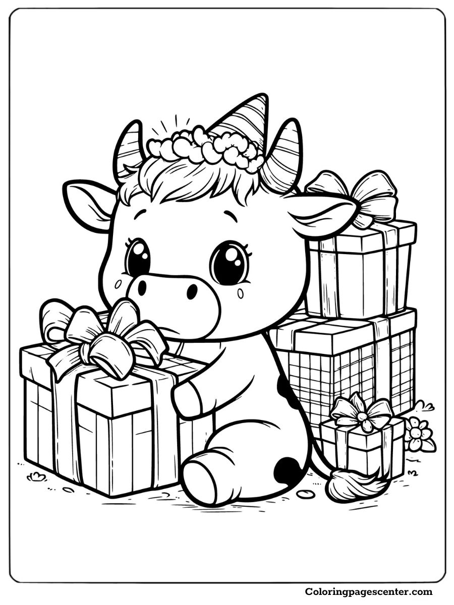 Birthday cow opening presents with festive decorations coloring sheet