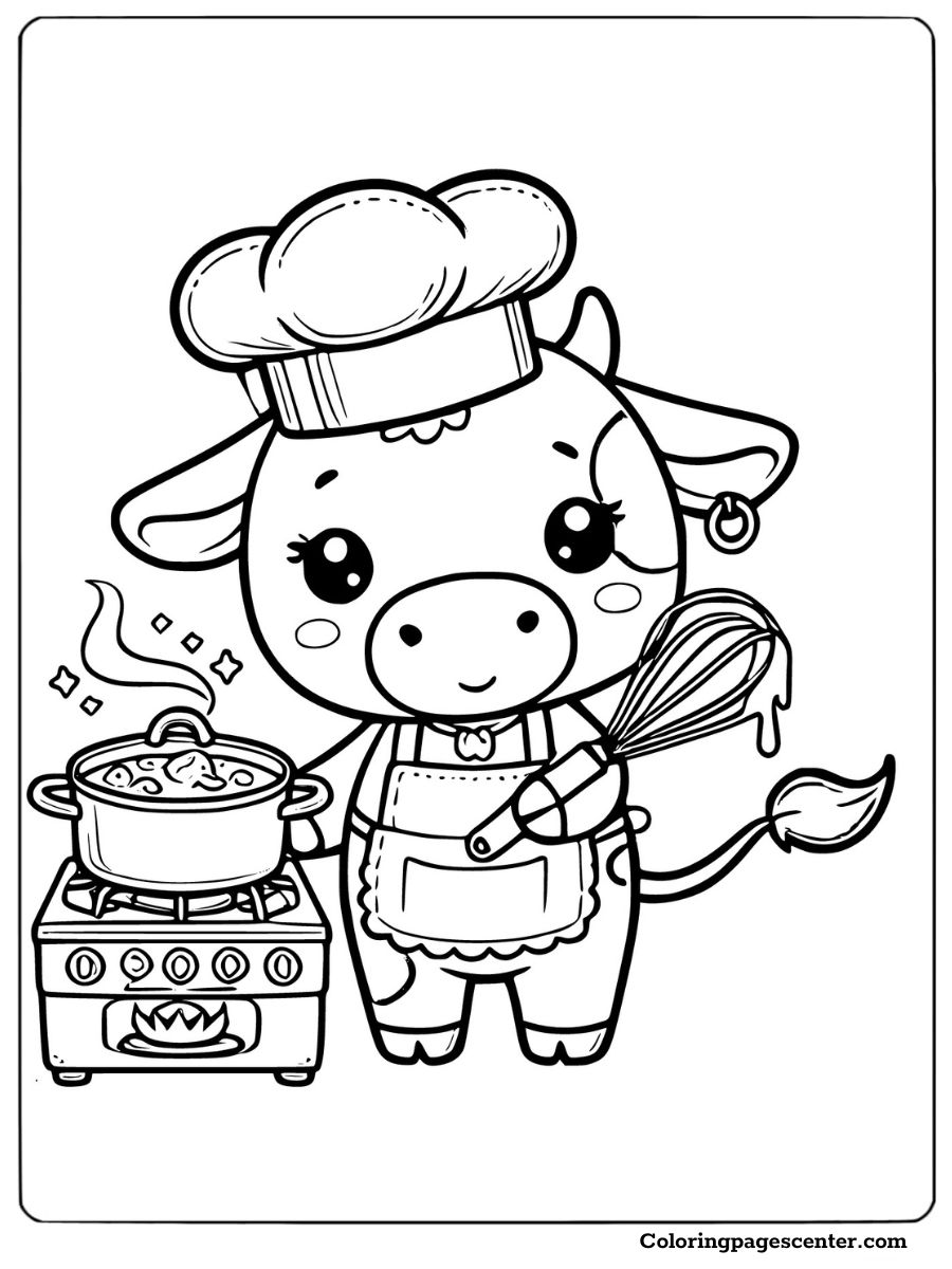 Cow chef cooking delicious food coloring sheet for creativity