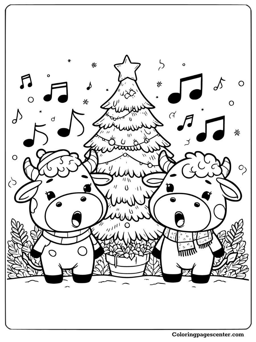 Two cows singing by a Christmas tree coloring page