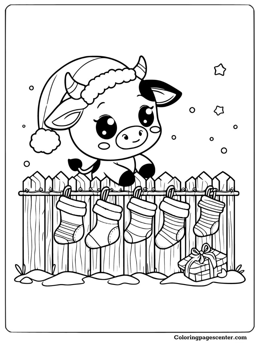 Festive cow decorating for Christmas coloring picture