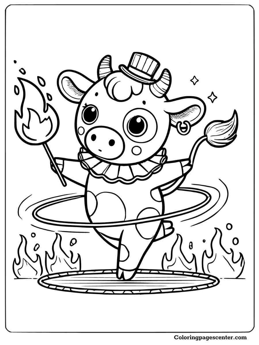 Circus cow performing a fire hoop trick coloring sheet