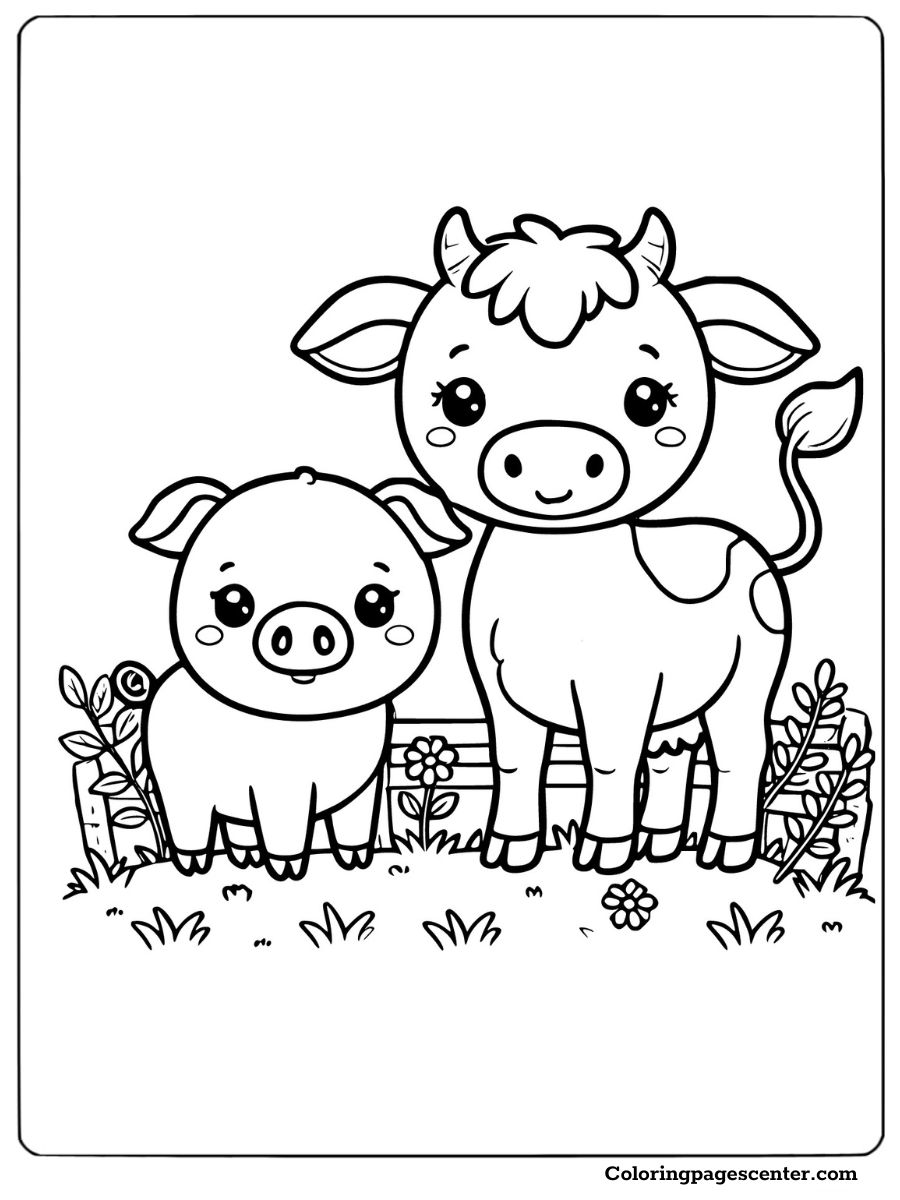 Cow and pig standing happily in a floral garden coloring picture