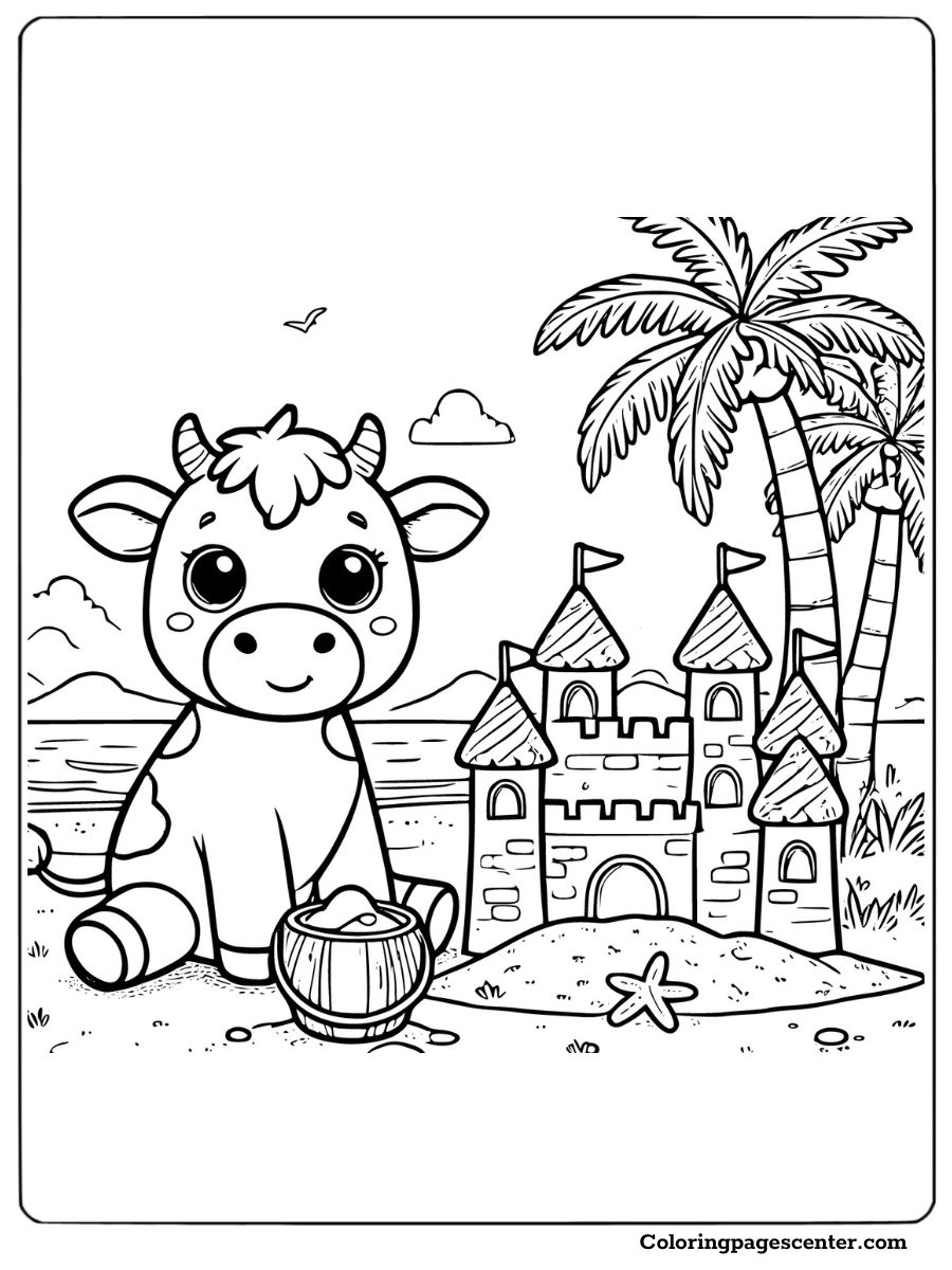 A beach scene with a cow and sandcastle coloring page