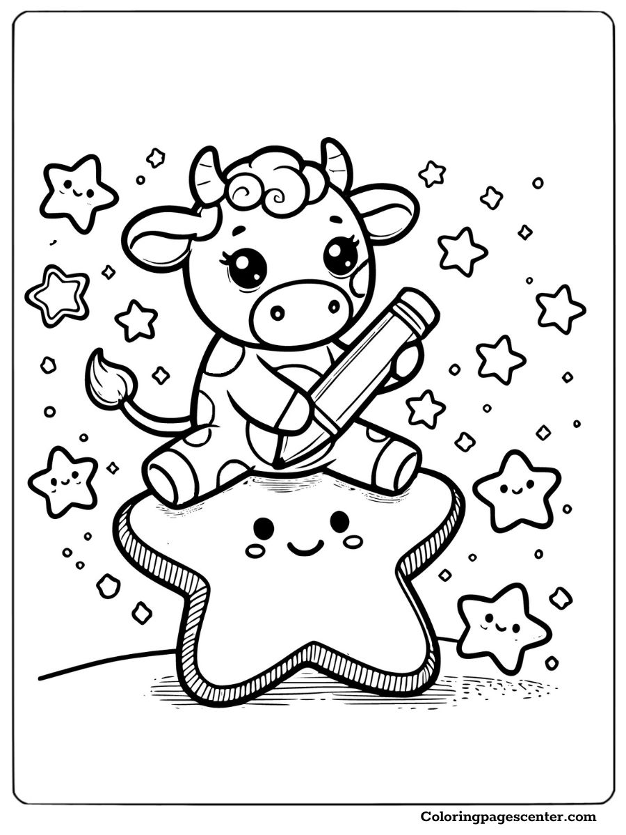 Happy cow drawing on a star with a pencil coloring picture