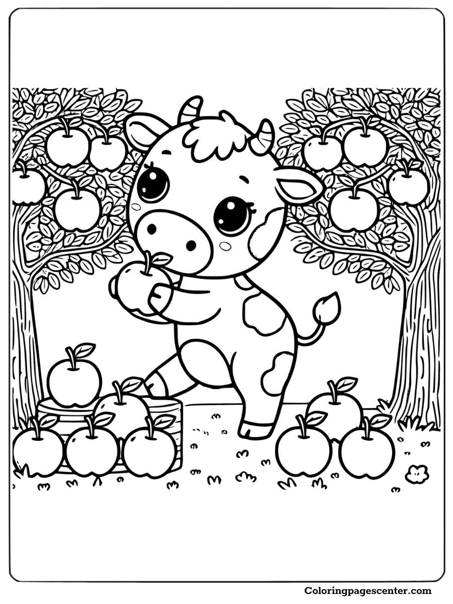 Cow happily munching an apple in an orchard coloring page