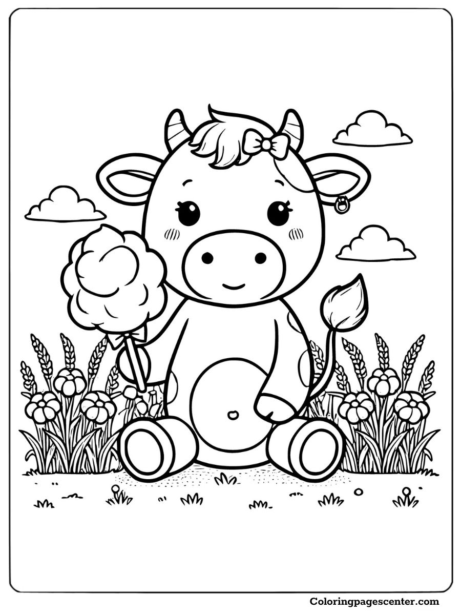 Cow enjoying a sweet cotton candy treat coloring page