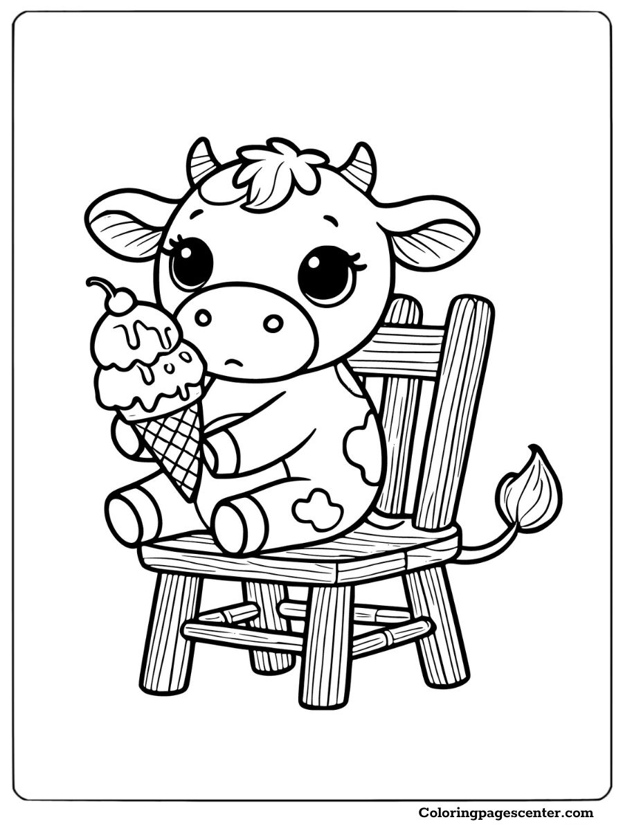 A cow enjoying ice cream on a chair coloring page