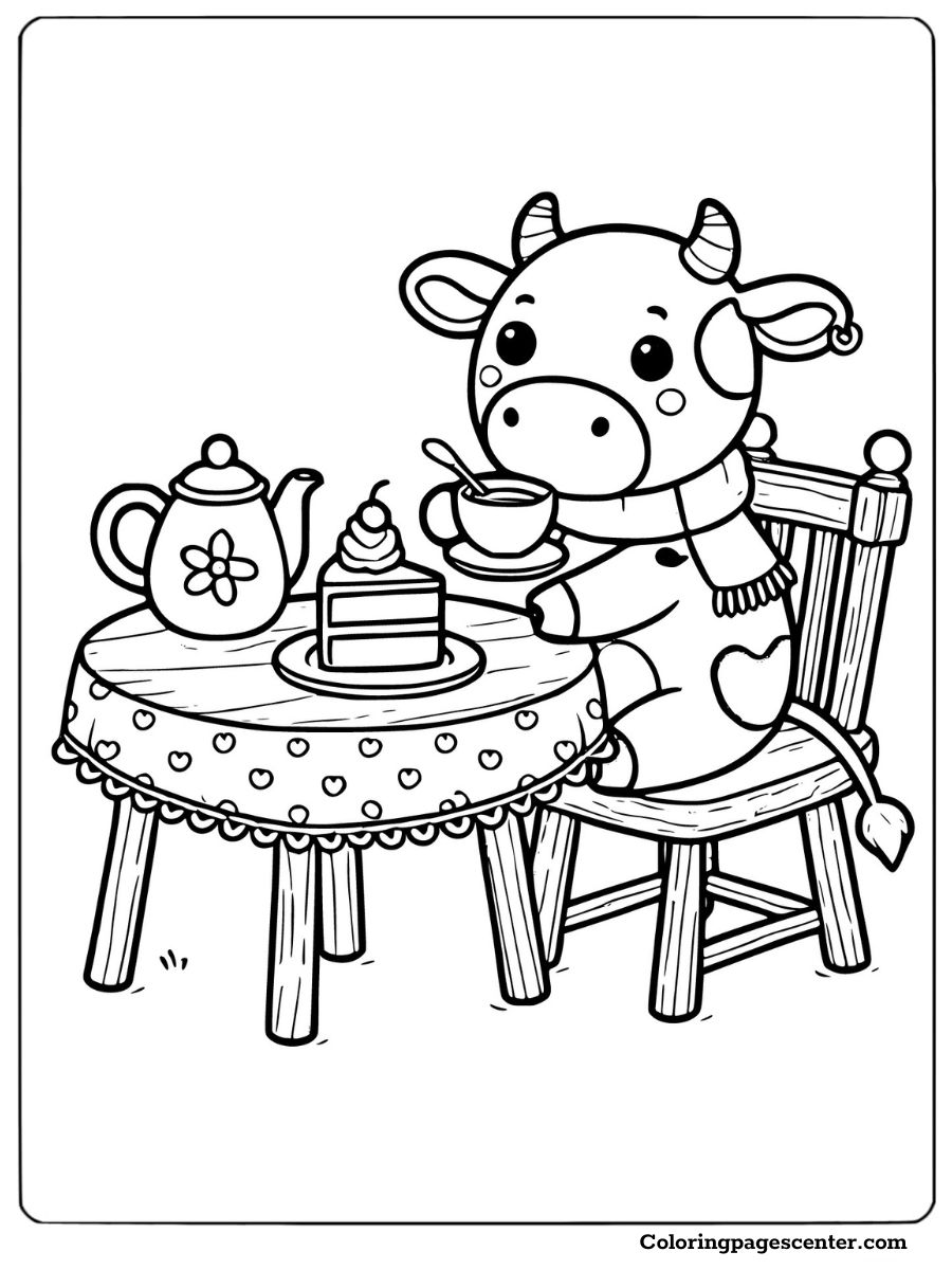 A cow having tea with cake coloring page