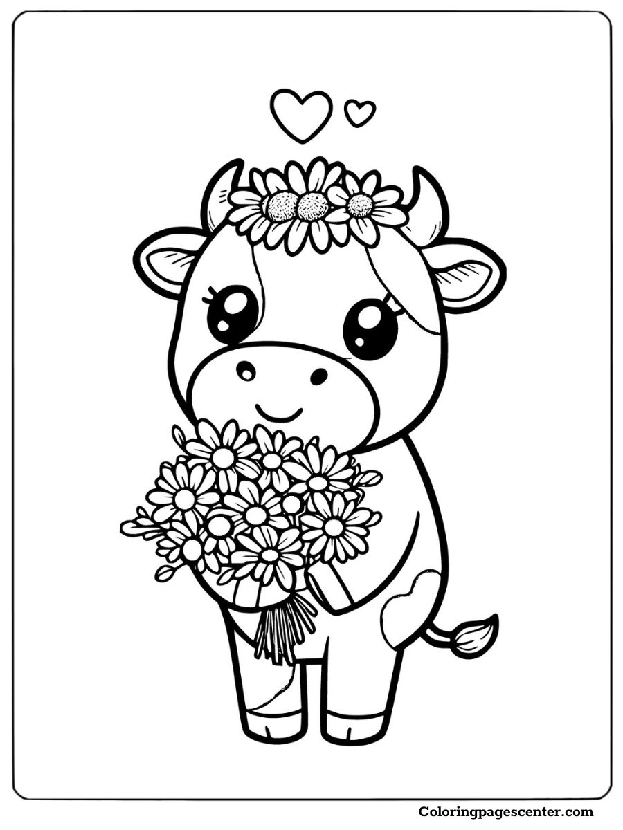 Cow carrying a beautiful flower bouquet coloring sheet