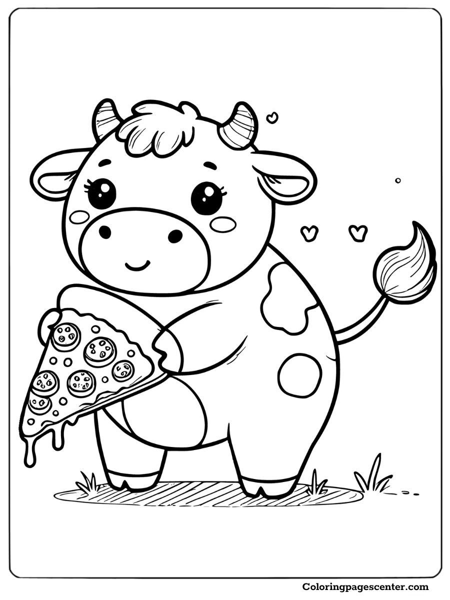 Cow holding a big slice of pizza with toppings coloring sheet