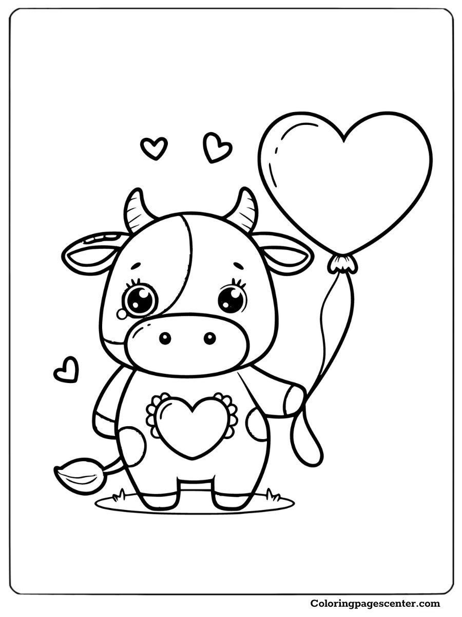 Cute cow holding a heart-shaped balloon coloring picture