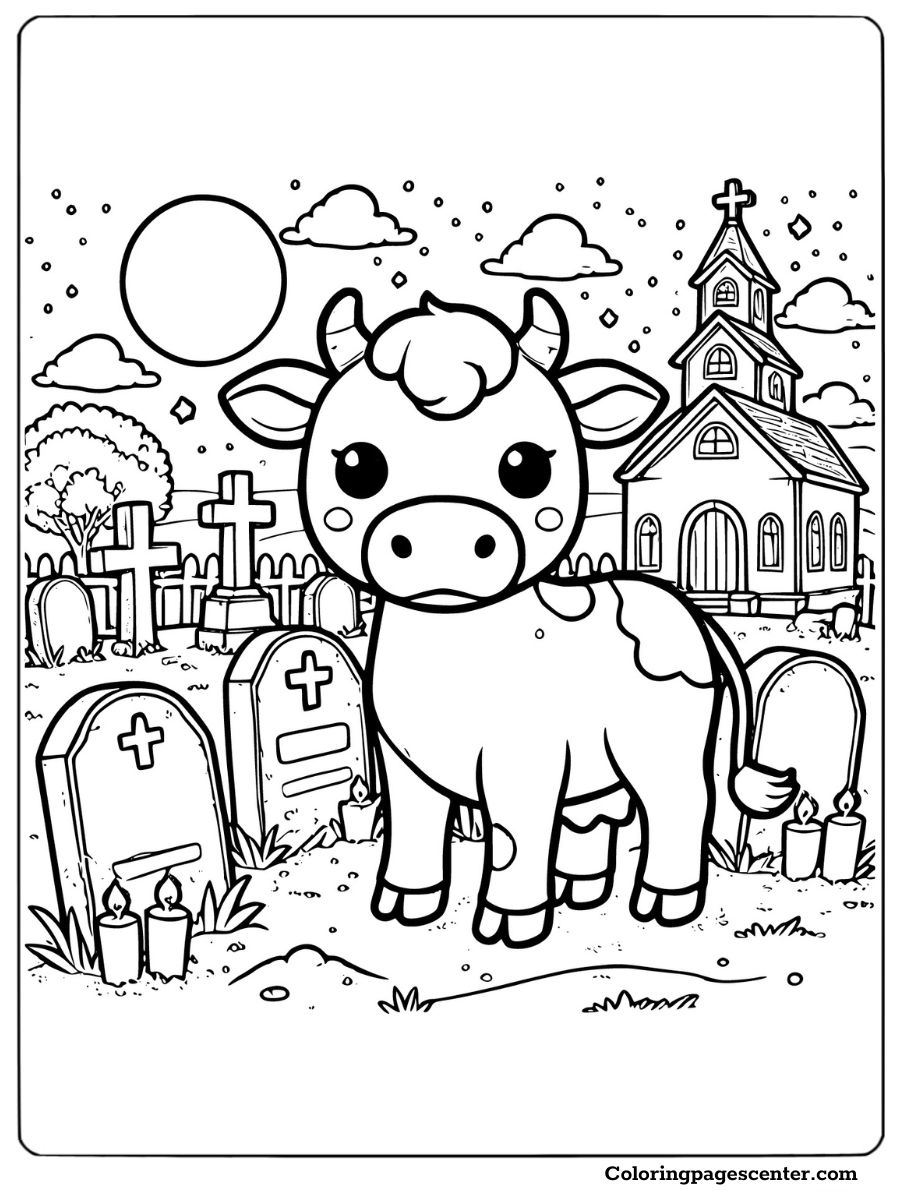 A cow standing in a cemetery scene coloring page