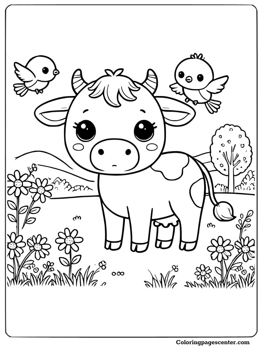 Cow standing in a sunny field with birds and flowers coloring picture